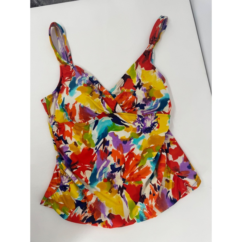 Slimshaper Sz 12 Orange Yellow Blue Watercolor Tankini Swim Top Padded V-Neck